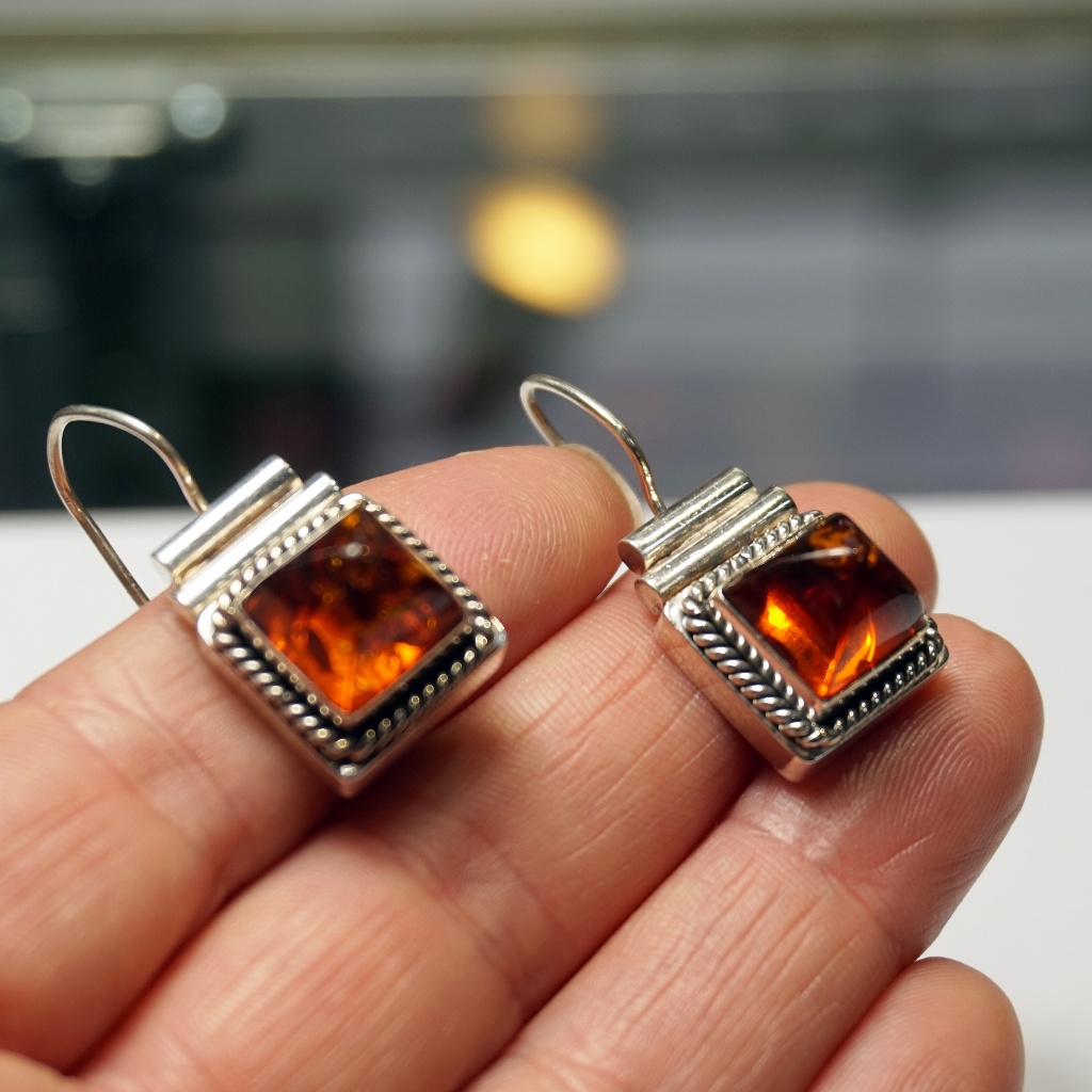 Rare Lori Bonn Signed Amber 925 Silver Earrings